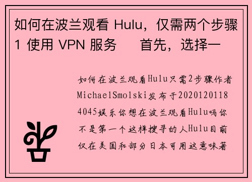 如何在波兰观看 Hulu，仅需两个步骤1 使用 VPN 服务     首先，选择一个